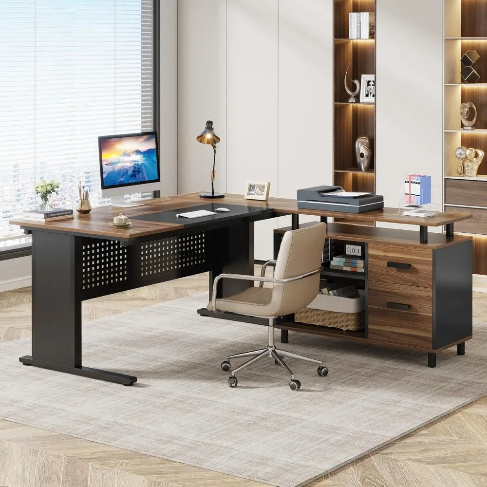 Large Computer Desk with File Cabinet, 63 Inch Executive Desk L Shaped Office Desk with Drawers and Storage Shelves