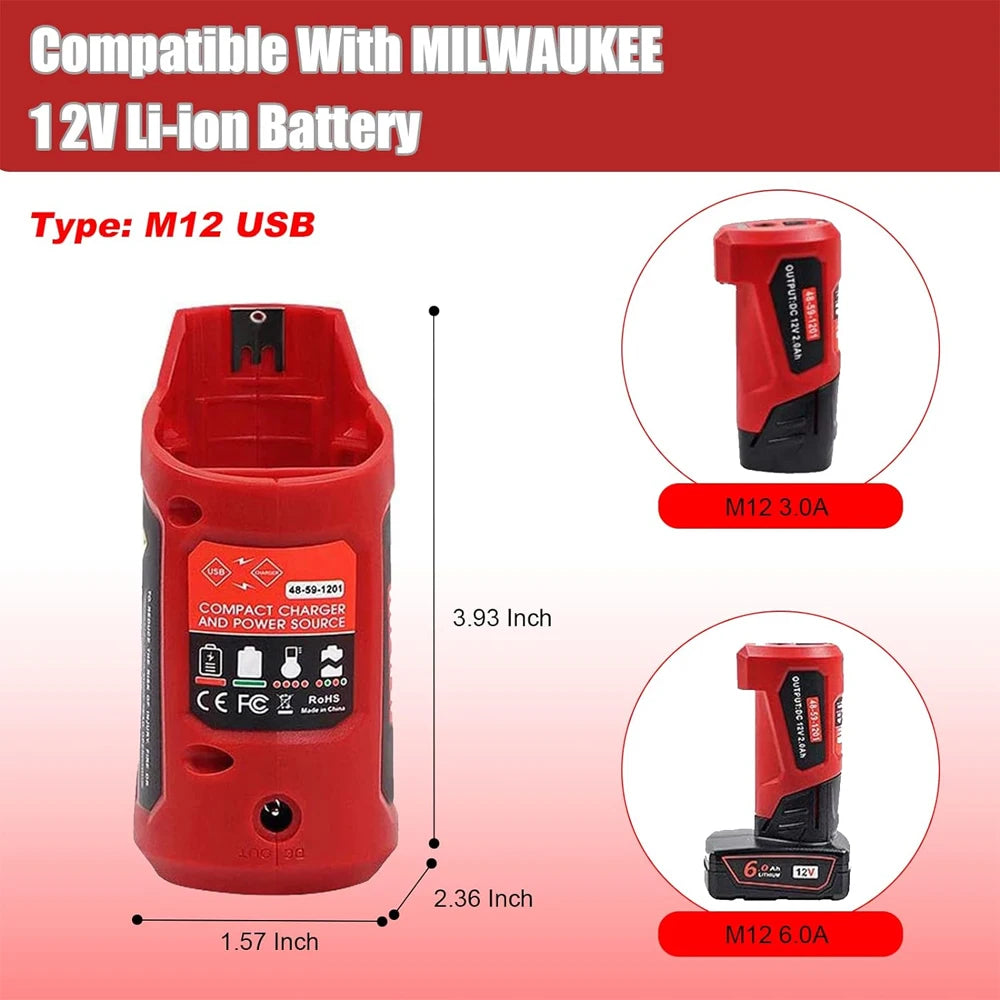 USB Power Battery Adaptor for Milwaukee M12 12V Heated Jackets Power Source Li-ion Battery