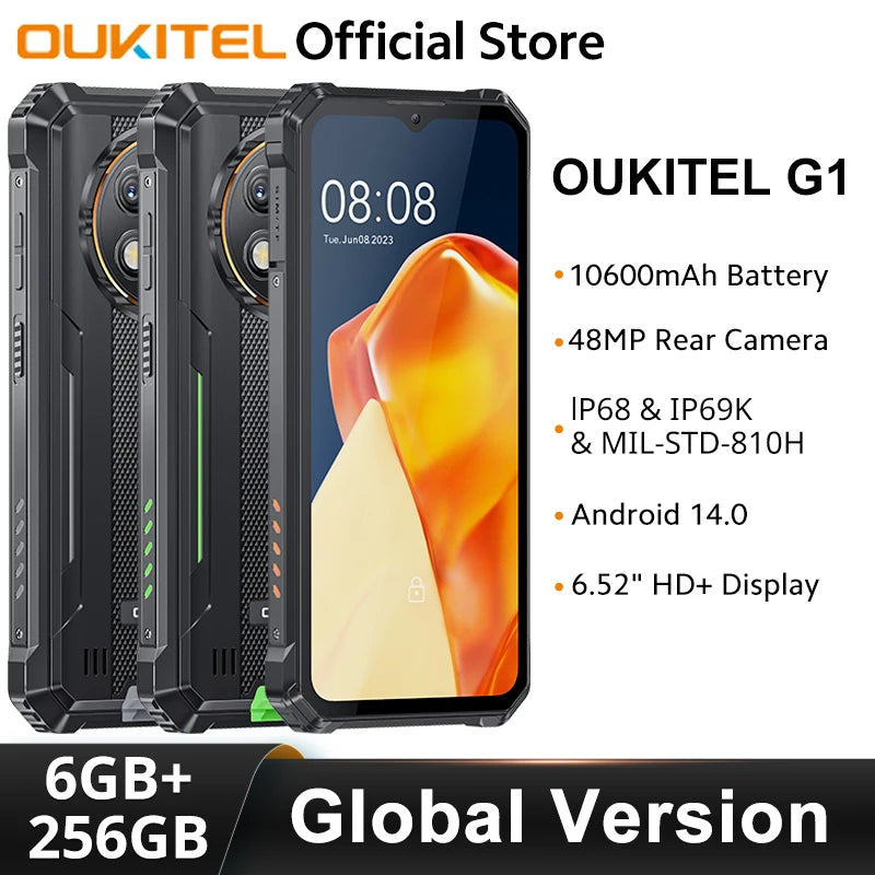 Oukitel G1 Rugged smartphone Global Version 6.52‘' HD+ 10600mAh 6GB+256GB Android14 48MP Camera cellphone NFC