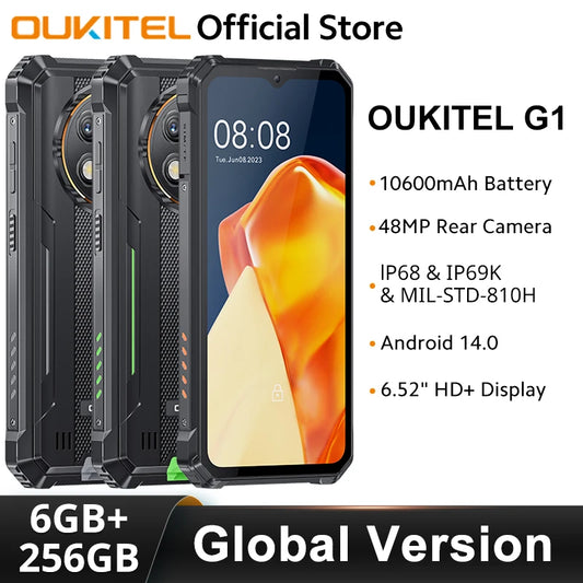 Oukitel G1 Rugged smartphone Global Version 6.52‘' HD+ 10600mAh 6GB+256GB Android14 48MP Camera cellphone NFC