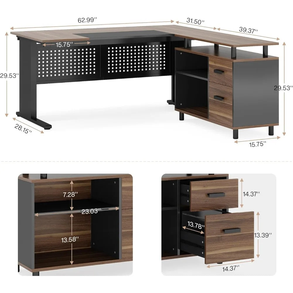 Large Computer Desk with File Cabinet, 63 Inch Executive Desk L Shaped Office Desk with Drawers and Storage Shelves