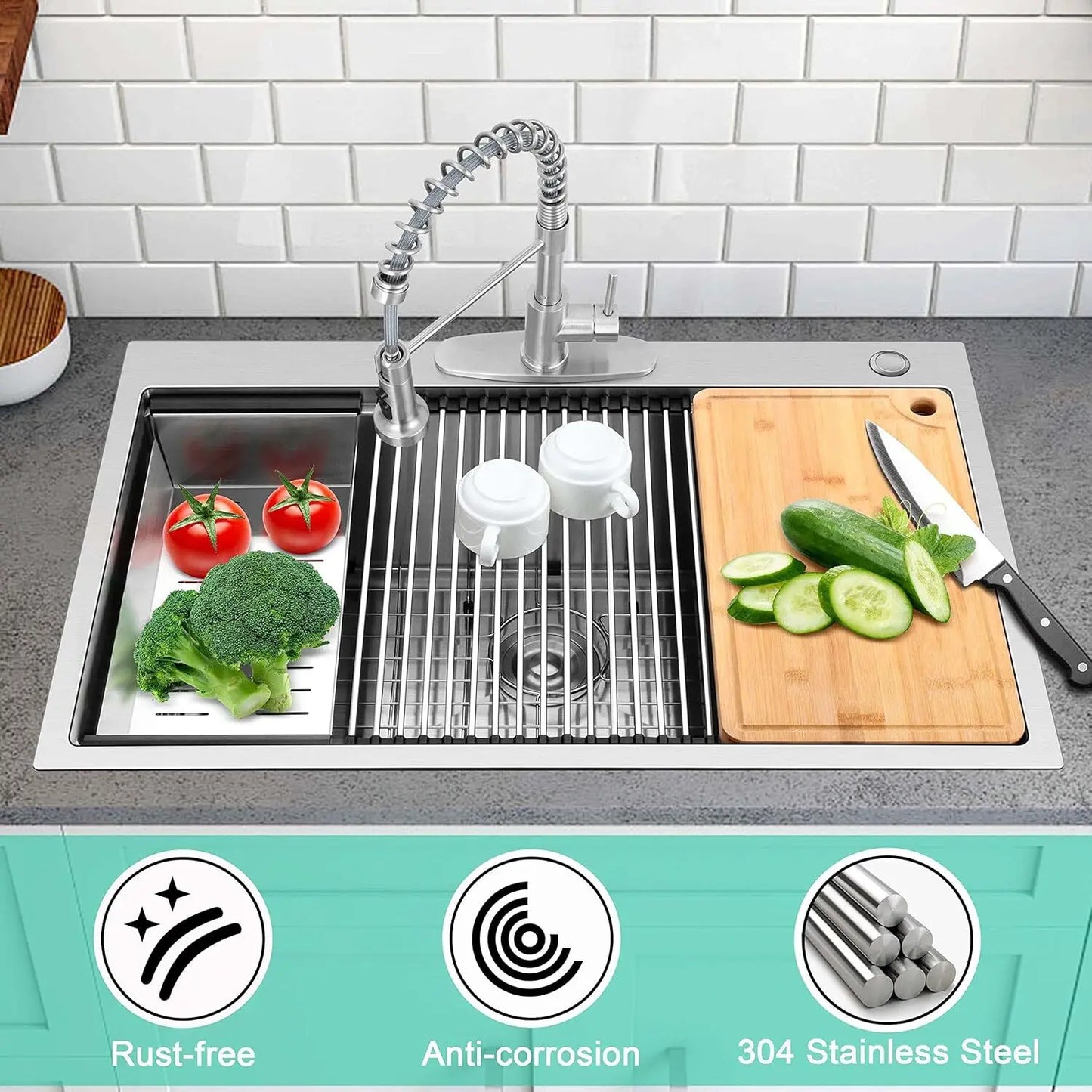 Kitchen Sink 33 x22 Inch, 16 Gauge Stainless Steel Drop In Kitchen Sinks Single Bowl 2-Hole R10 Corner, 10" Dee