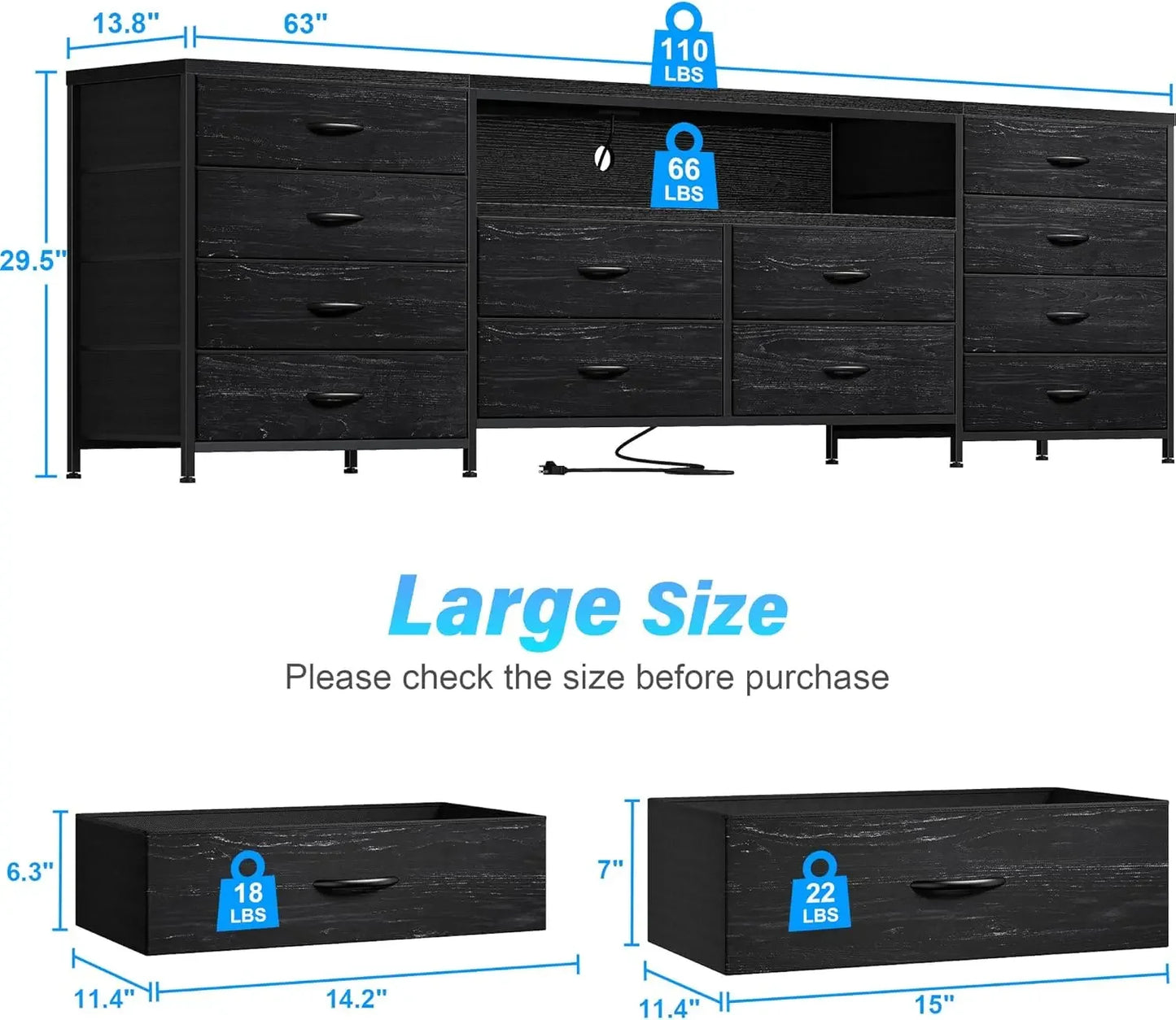 Fits 75" TV Stand Dresser for 65-75 Inch TV with LED Lights & Power Outlets