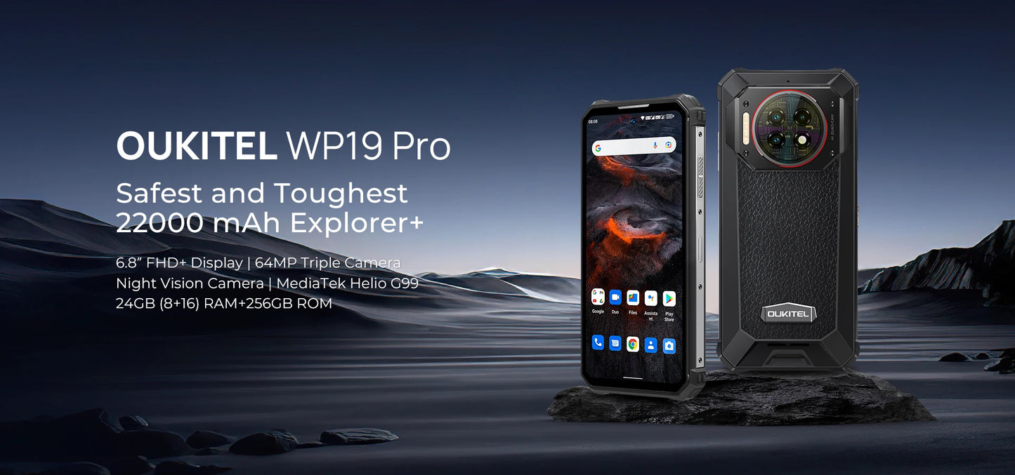 Oukitel WP19 Pro Rugged Phone 6.8" FHD+ Screen 22000mAh 24GB 256GB Smartphone 64MP Camera Helio G99 120Hz Mobile Phone