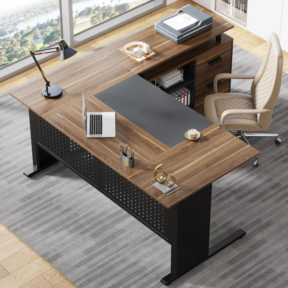 Large Computer Desk with File Cabinet, 63 Inch Executive Desk L Shaped Office Desk with Drawers and Storage Shelves