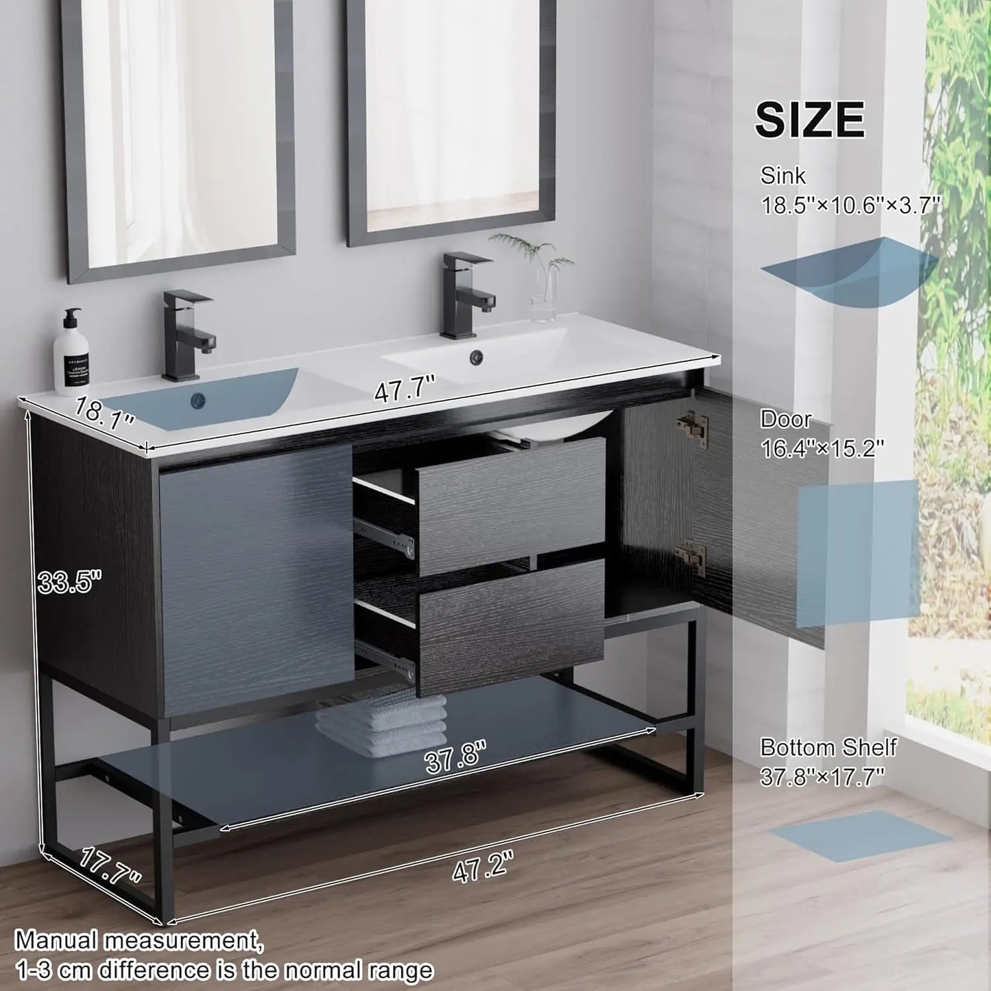 "24" Bathroom Vanity with Sink Combo | Built-in Power Socket, Metal Frame, Matte Black Faucet, Soft-Closing Doors