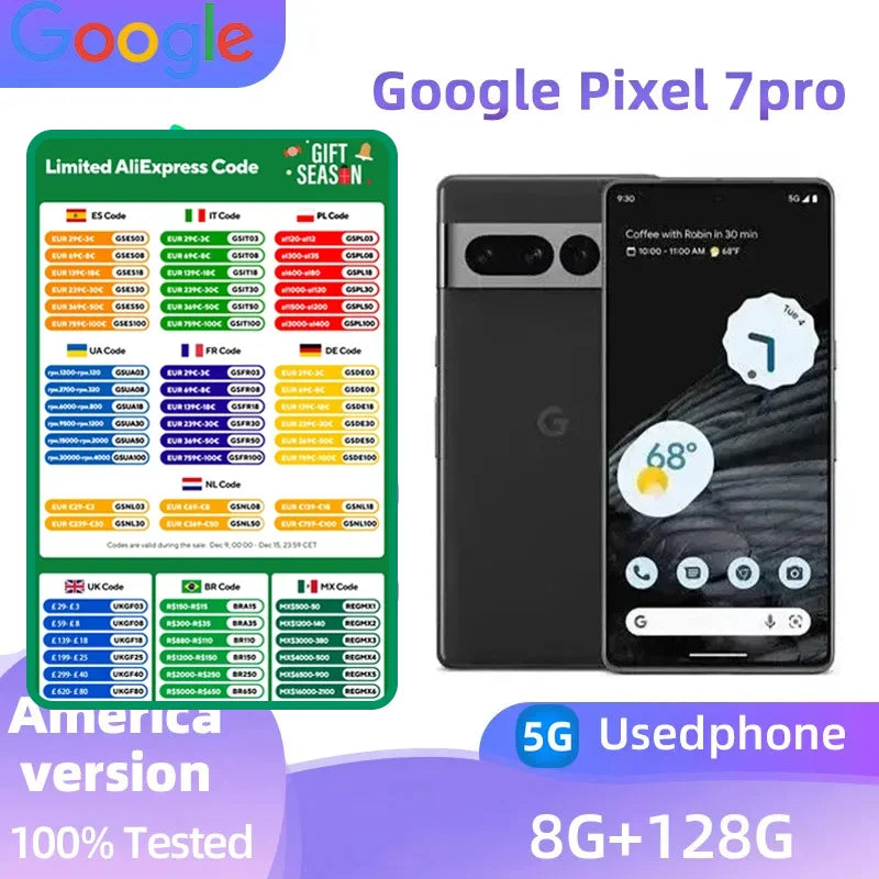 Google Pixel 7 pro  5G 6.7Inch LTPO AMOLED 120Hz Screen Google Tensor 30W Super Charge 5003mAh Battery OTG used phone