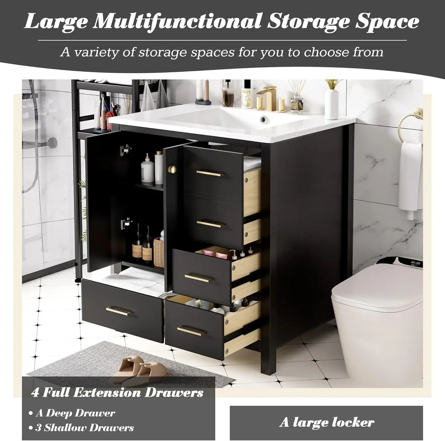 30" Bathroom Vanity with Sink,Modern Bathroom Sink Cabinet with 2 Doors & 4 Drawers,Freestanding Bathroom Storage Cabinet,Black