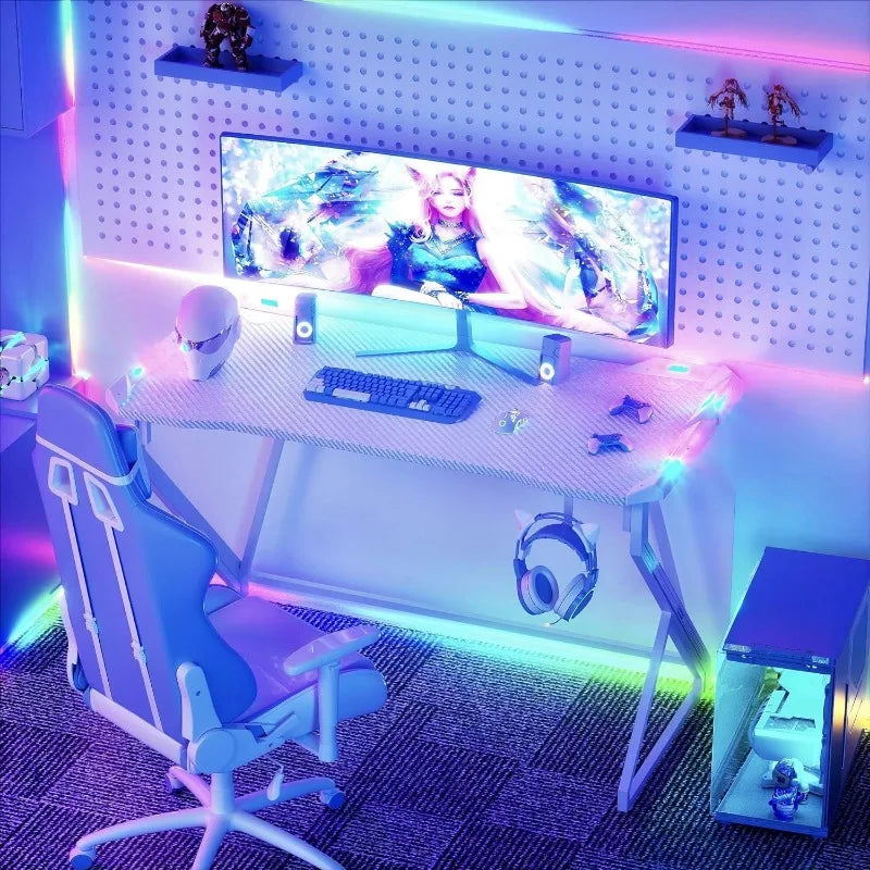 Small Gaming Desk with LED Lights, 40 Inch Computer Desk for Home Small Space, Gaming Table with Carbon Fiber Surface