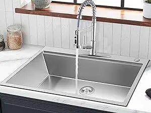 Kitchen Sink 33 x22 Inch, 16 Gauge Stainless Steel Drop In Kitchen Sinks Single Bowl 2-Hole R10 Corner, 10" Dee