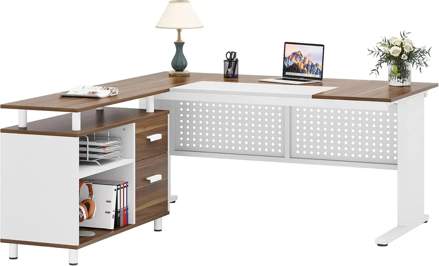 Large Computer Desk with File Cabinet, 63 Inch Executive Desk L Shaped Office Desk with Drawers and Storage Shelves