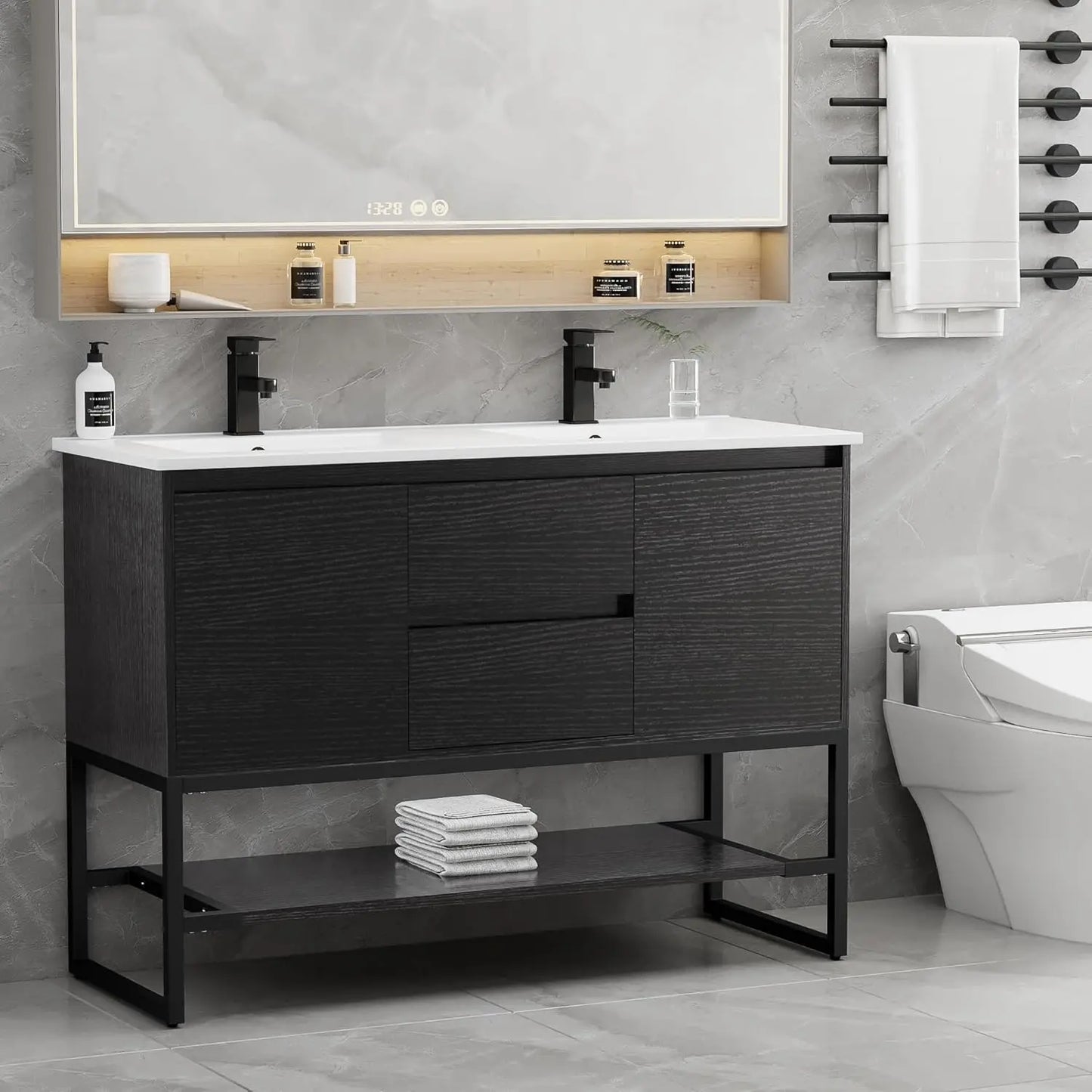 "24" Bathroom Vanity with Sink Combo | Built-in Power Socket, Metal Frame, Matte Black Faucet, Soft-Closing Doors