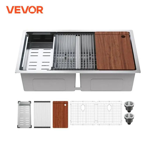 VEVOR 33inch  Kitchen Sink  Single/Double Bowl Stainless Steel Sink Workstation Step Sink with Cutting Board and Basket Strainer