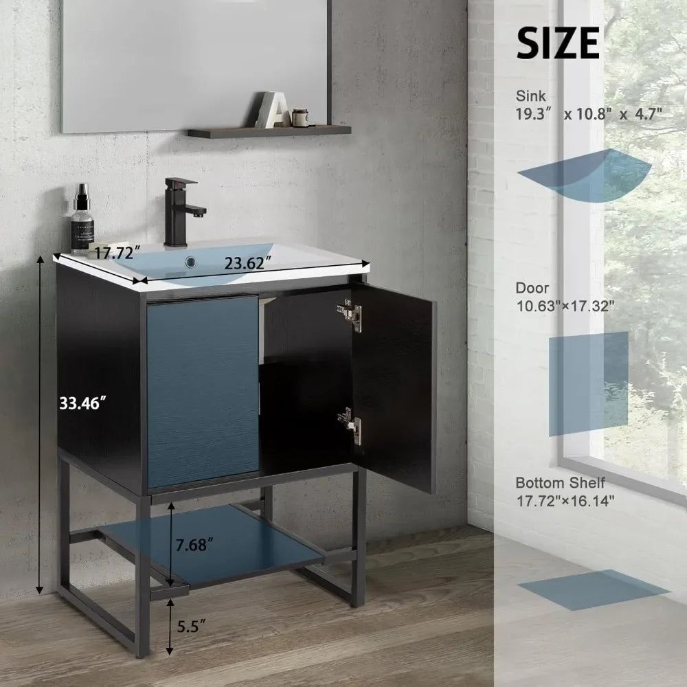 "24" Bathroom Vanity with Sink Combo | Built-in Power Socket, Metal Frame, Matte Black Faucet, Soft-Closing Doors