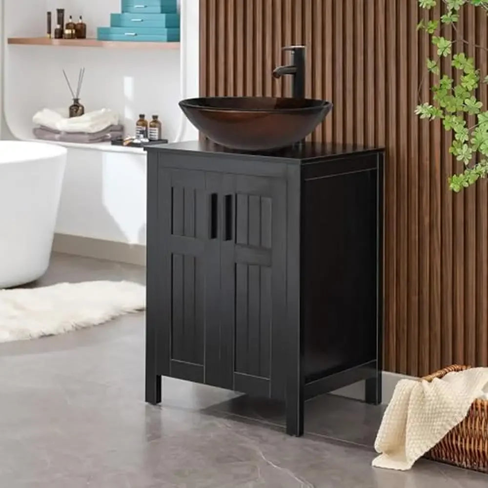 Black Wood Bathroom Vanity Cabinet with Ceramic Vessel Sink & Grooved Doors