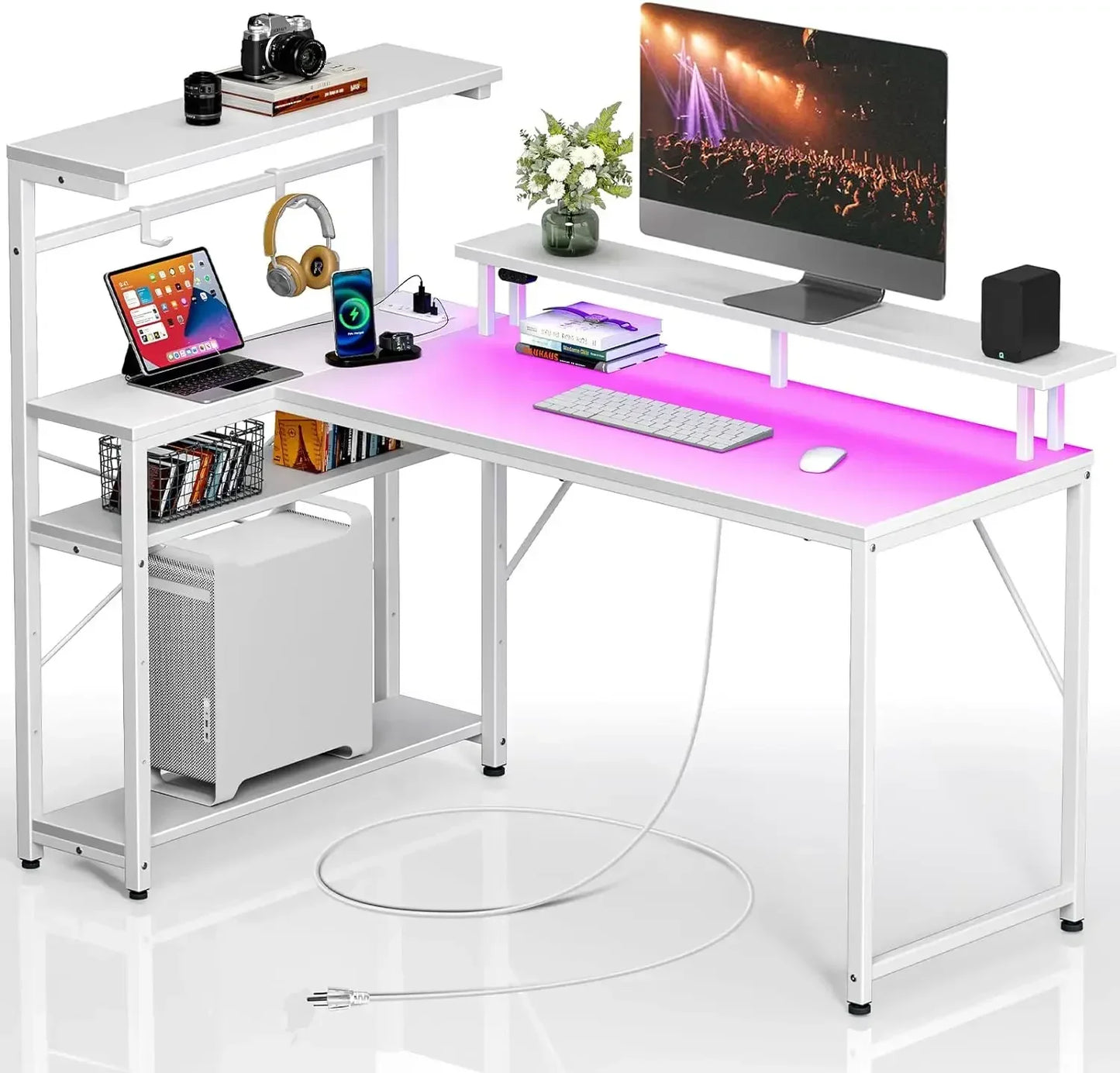 Seventable Gaming Desk with Power Outlet and LED Light, Reversible Small Desk with Monitor Stand,4 Tiers Shelves and Hooks,39" L