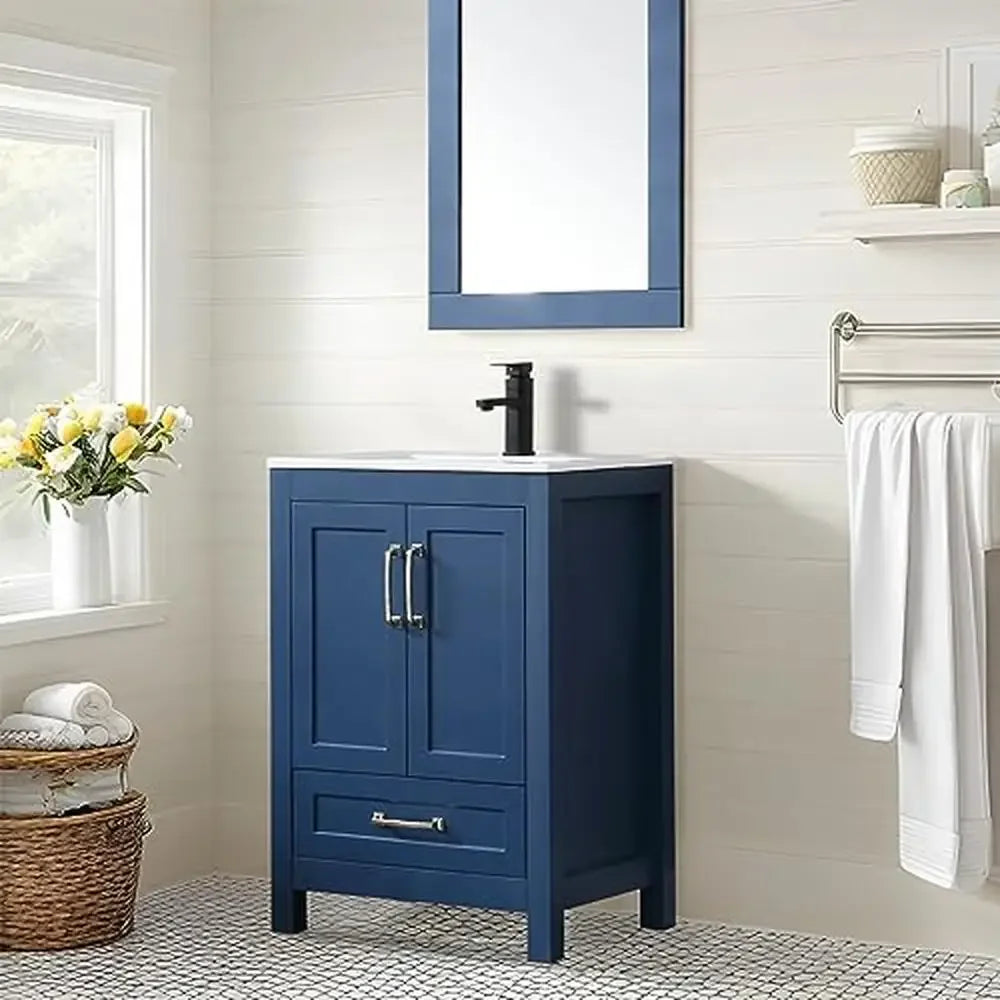 24" Bathroom Vanities Cabinet and Sink Combo Set Ceramic Sink Wood Matte Black Faucet Spacious Storage Gentle Doors Long Lasting