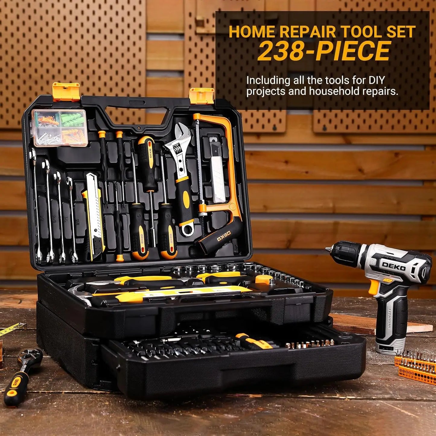 Kit Box Drill Set：DEKOPRO Home Mechanic Toolbox with 12V Power Cordless Drill Hand Repair Tools Sets Combo Kits Storage Org