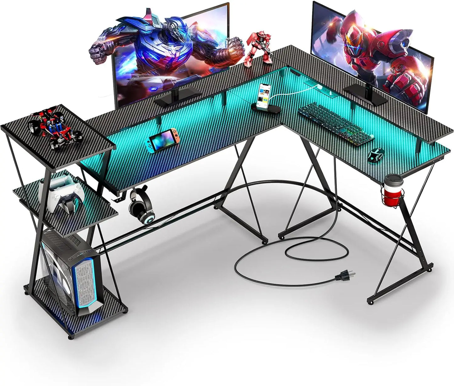 L Shaped Gaming Desk with LED Lights & Power Outlets,50” Reversible Computer Desk with Storage Shelf & Monitor Stand,Corner Desk