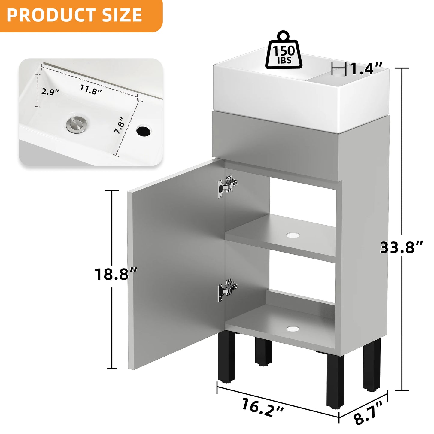 16 Inch Bathroom Vanity with Undermount Sink, Free Standing Bathroom Storage Cabinet with Drain, Gray