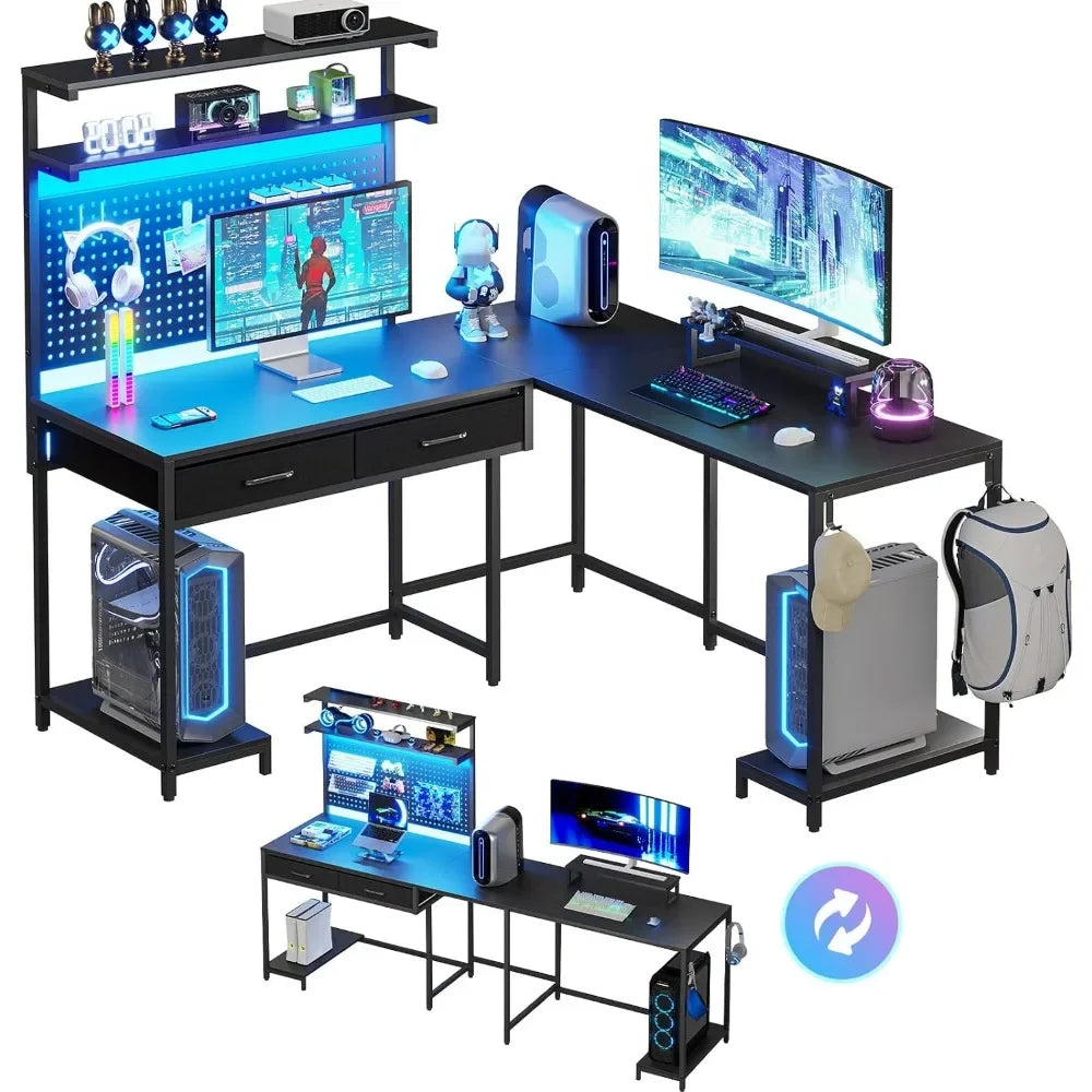 L Shaped Gaming Desk, with LED Lights, Pegboard and Drawers, Computer Desk with Monitor Stand Storage Shelves, Home Corner Desk