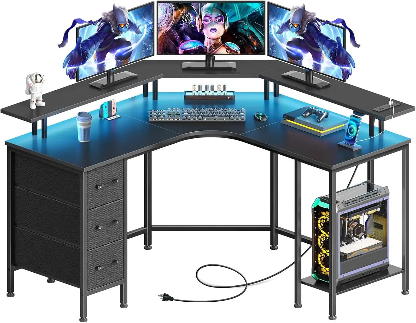 Corner Desk with Power Outlets & 3 Drawers, 44.6" Reversible Small L Shaped Computer Desk with LED Lights, Gaming