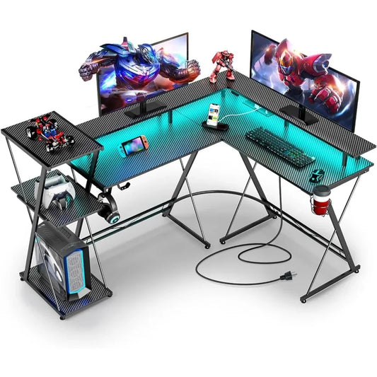 L Shaped Gaming Desk with LED Lights & Power Outlets,50” Reversible Computer Desk with Storage Shelf & Monitor Stand,Corner Desk