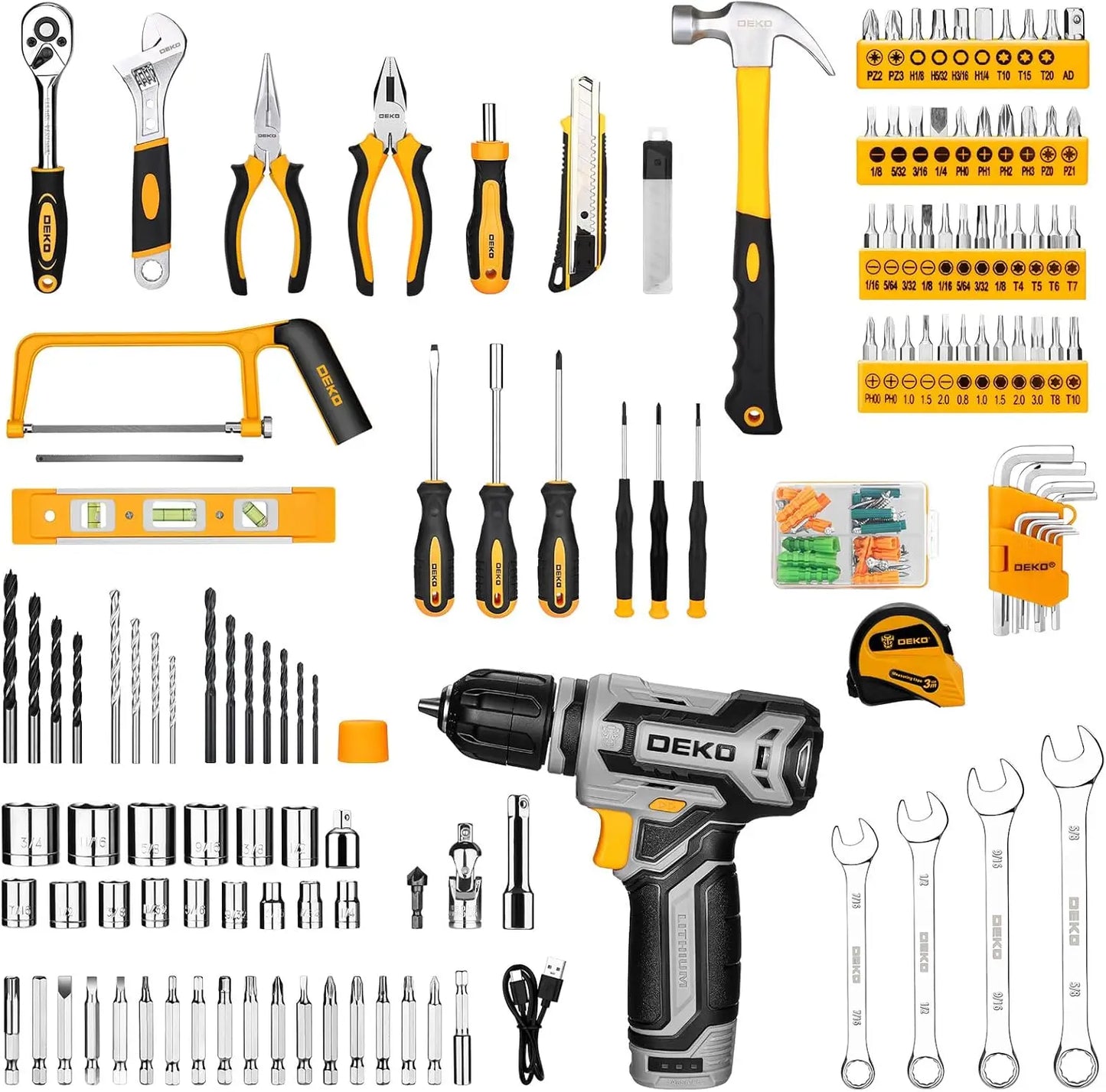 Kit Box Drill Set：DEKOPRO Home Mechanic Toolbox with 12V Power Cordless Drill Hand Repair Tools Sets Combo Kits Storage Org