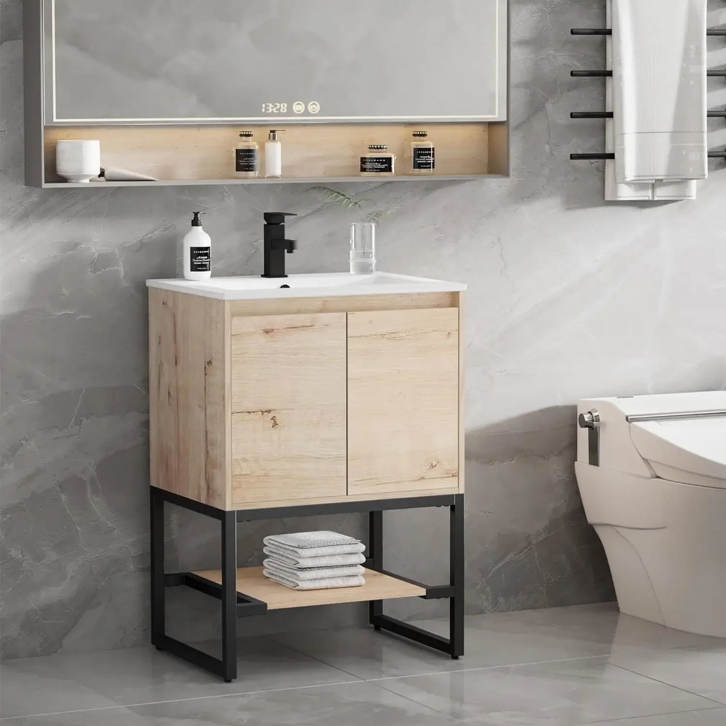 "24" Bathroom Vanity with Sink Combo | Built-in Power Socket, Metal Frame, Matte Black Faucet, Soft-Closing Doors