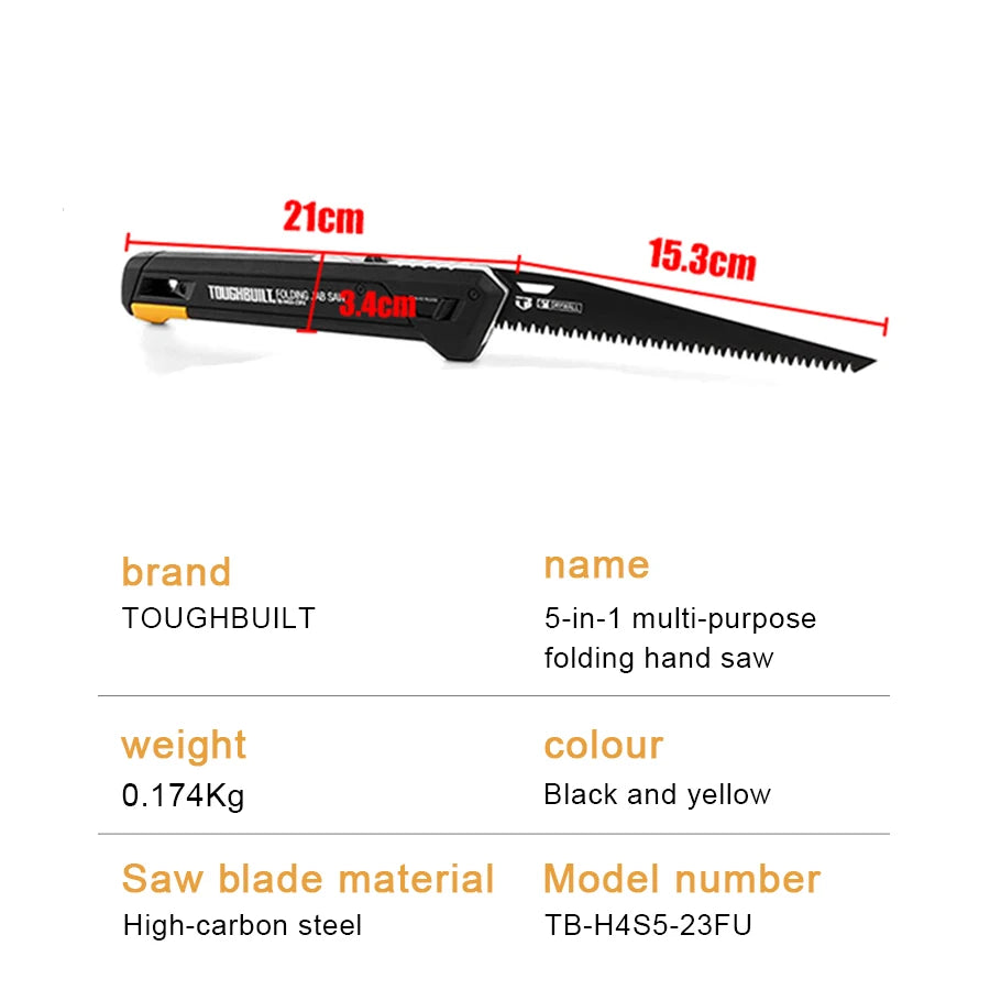 ToughBuilt 5-in-1 Folding Jab Saw + 4 Blades Saw Blades Designed to Cut Wood, Plastic, Metal, and Drywall Materials TB-H4S5-23FU