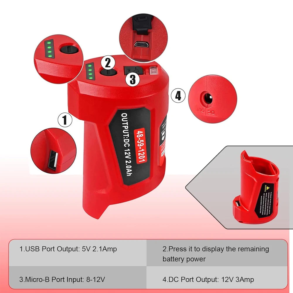 USB Power Battery Adaptor for Milwaukee M12 12V Heated Jackets Power Source Li-ion Battery