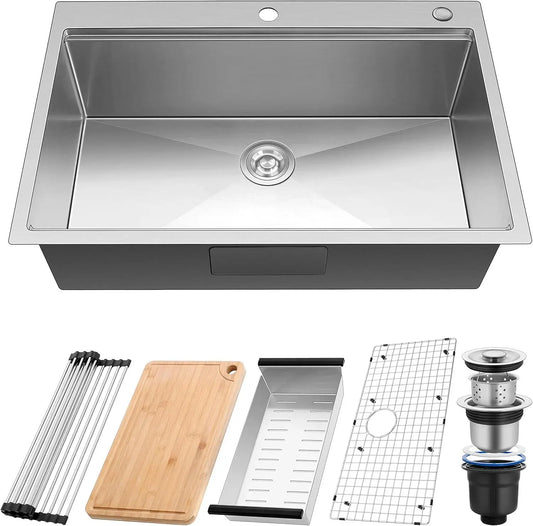 Kitchen Sink 33 x22 Inch, 16 Gauge Stainless Steel Drop In Kitchen Sinks Single Bowl 2-Hole R10 Corner, 10" Dee