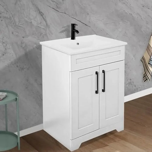 24" White Bathroom Vanity Cabinet Ceramic Sink Combo Double Door Storage Matte Black Faucet Freestanding Modern Style Oversize