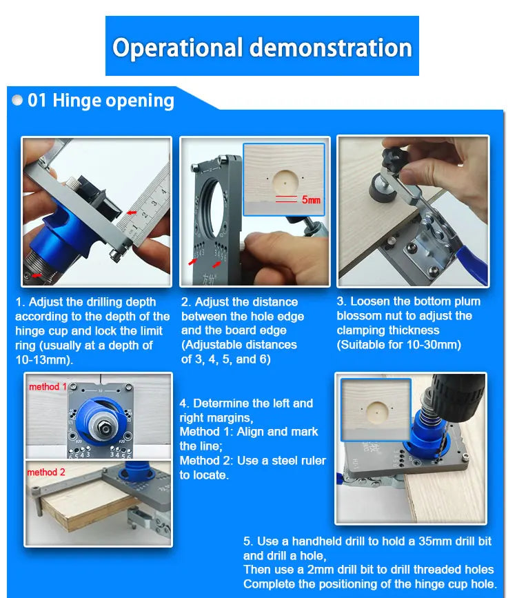 Woodworking Upgrade 35mm Concealed Hinge Jig Kit Hinge Boring Jig Drilling Guide Locator for Face Frame Cabinet Cupboard Tools