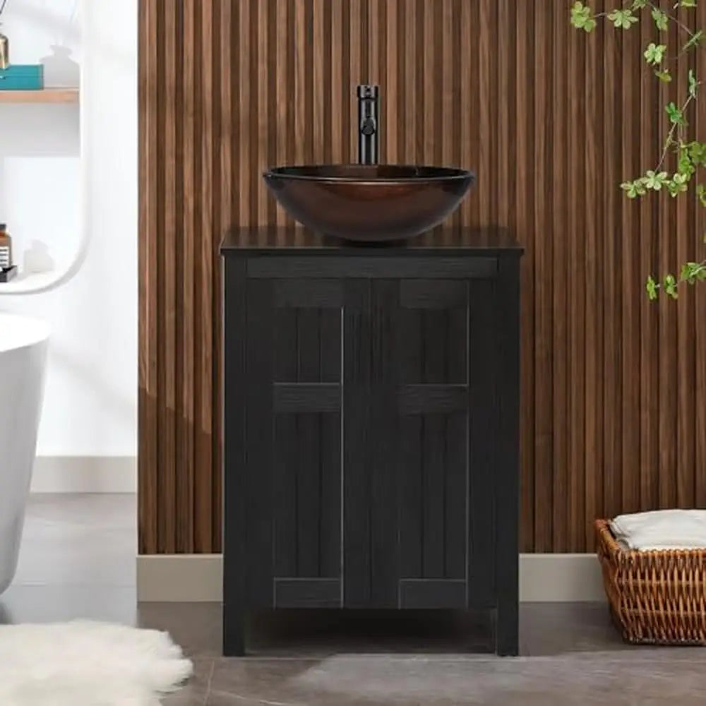 Black Wood Bathroom Vanity Cabinet with Ceramic Vessel Sink & Grooved Doors