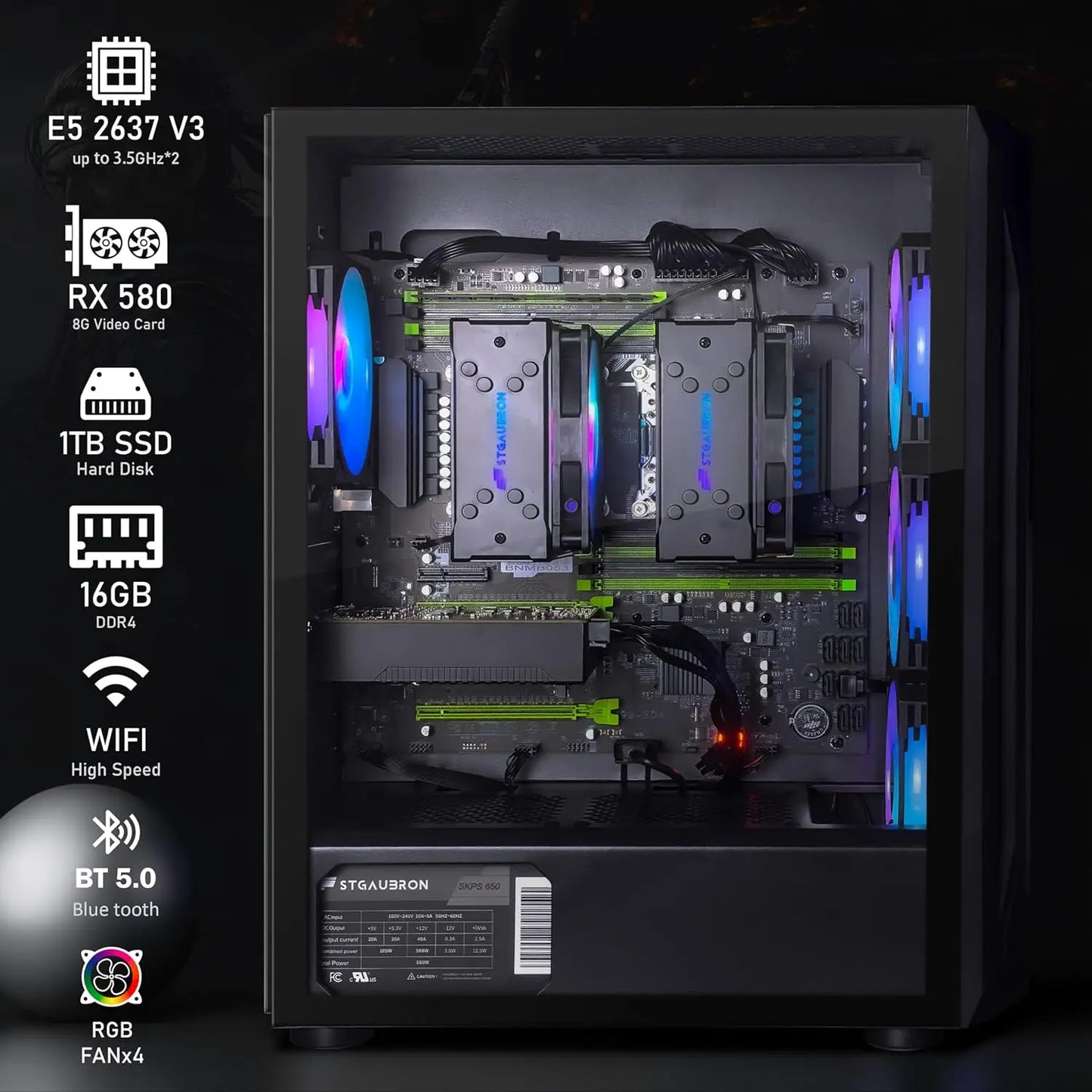 Gaming PC Computer Desktop Dual Intel I7 Xeon E5 up to 3.7GHz 16G DDR4 Ram 1T SSD 600M WiFi BT 5.0 RGB Fan x4 RGB Mouse Pad