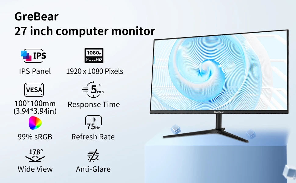 GreBear 27-inch Computer Monitor IPS Panel PC Monitors FHD 1080p 75Hz LED Display Home Office Desktop Screen, HDMI, VGA, Flicker