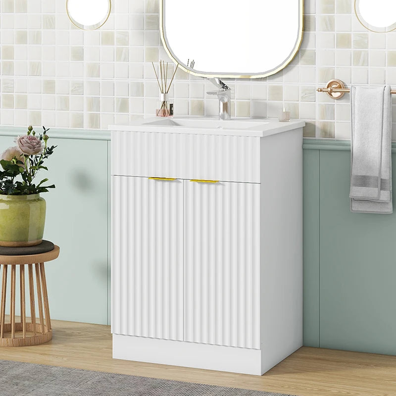 24inch modern bathroom vanity for small bathroom,white storge cabinet with ceramic sink