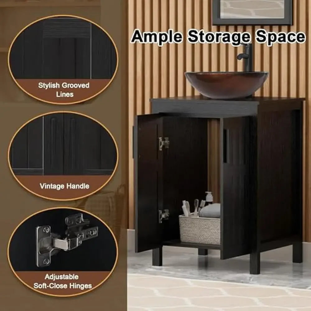 Black Wood Bathroom Vanity Cabinet with Ceramic Vessel Sink & Grooved Doors