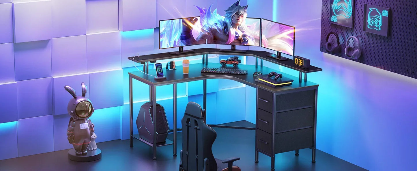 Corner Desk with Power Outlets & 3 Drawers, 44.6" Reversible Small L Shaped Computer Desk with LED Lights, Gaming