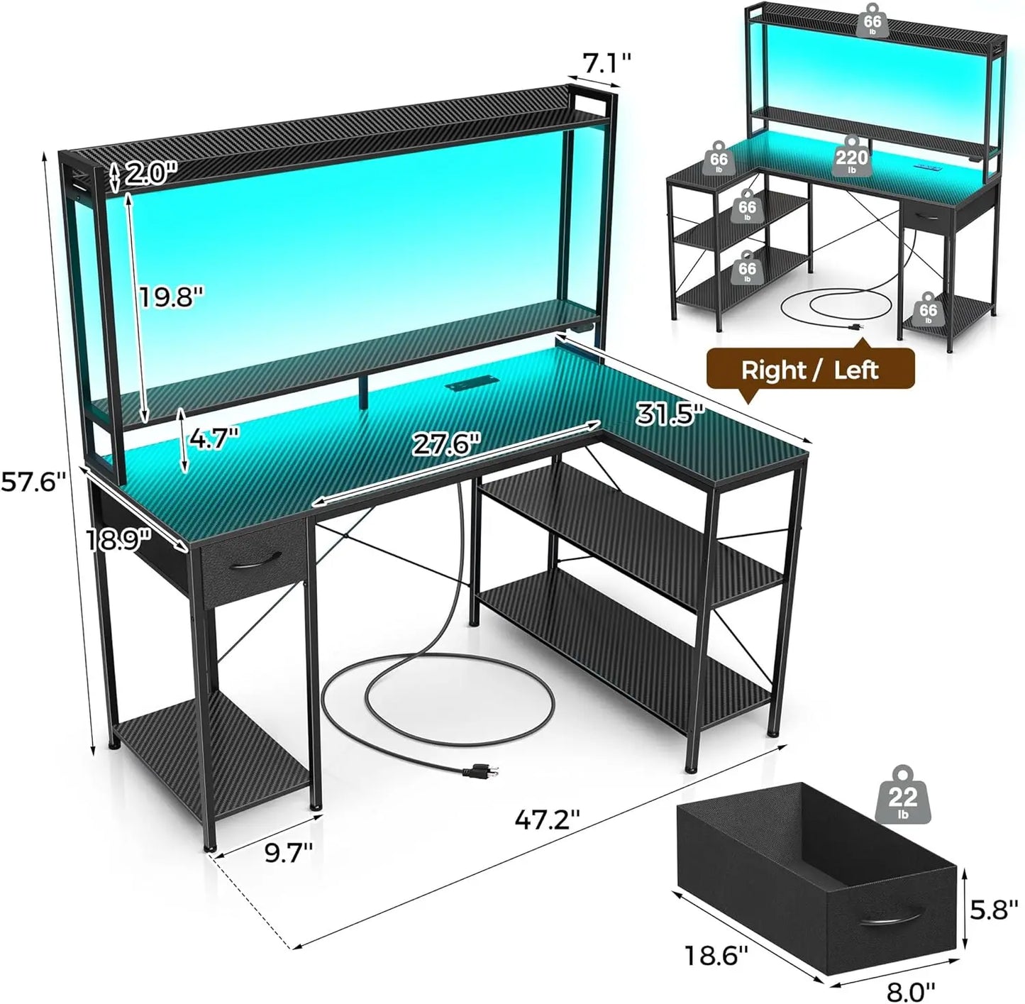 Gaming Desk with LED Light & Power Outlets, 47 inch Computer Desk with Shelves, Reversible L Shaped Desk , Black