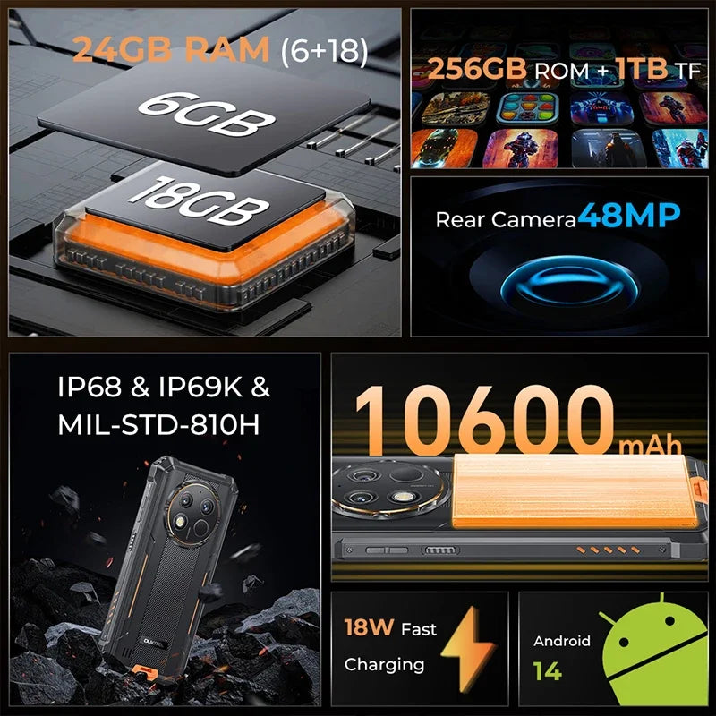 Oukitel G1 Rugged smartphone Global Version 6.52‘' HD+ 10600mAh 6GB+256GB Android14 48MP Camera cellphone NFC