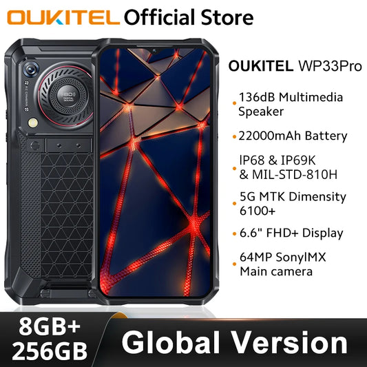 Oukitel WP33 Pro 5G Rugged Smartphone 22000mAh 6.6" FHD+ Cellphone 8GB 256GB Mobile Phone 64MP Camera 33W Fast Charger