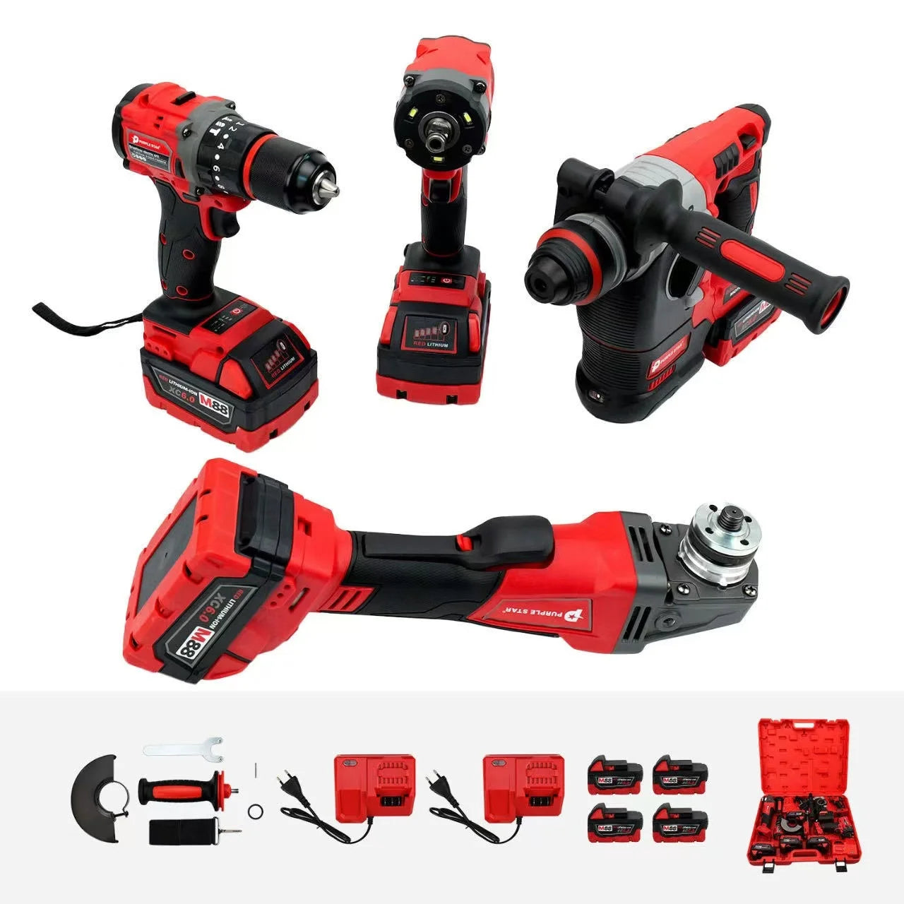 Set 4 in 1 Combination Brushless Replica Milwaukee Red Cordless Jobsite Tool Set Power Wrench Drill Angle Grinder Hammer