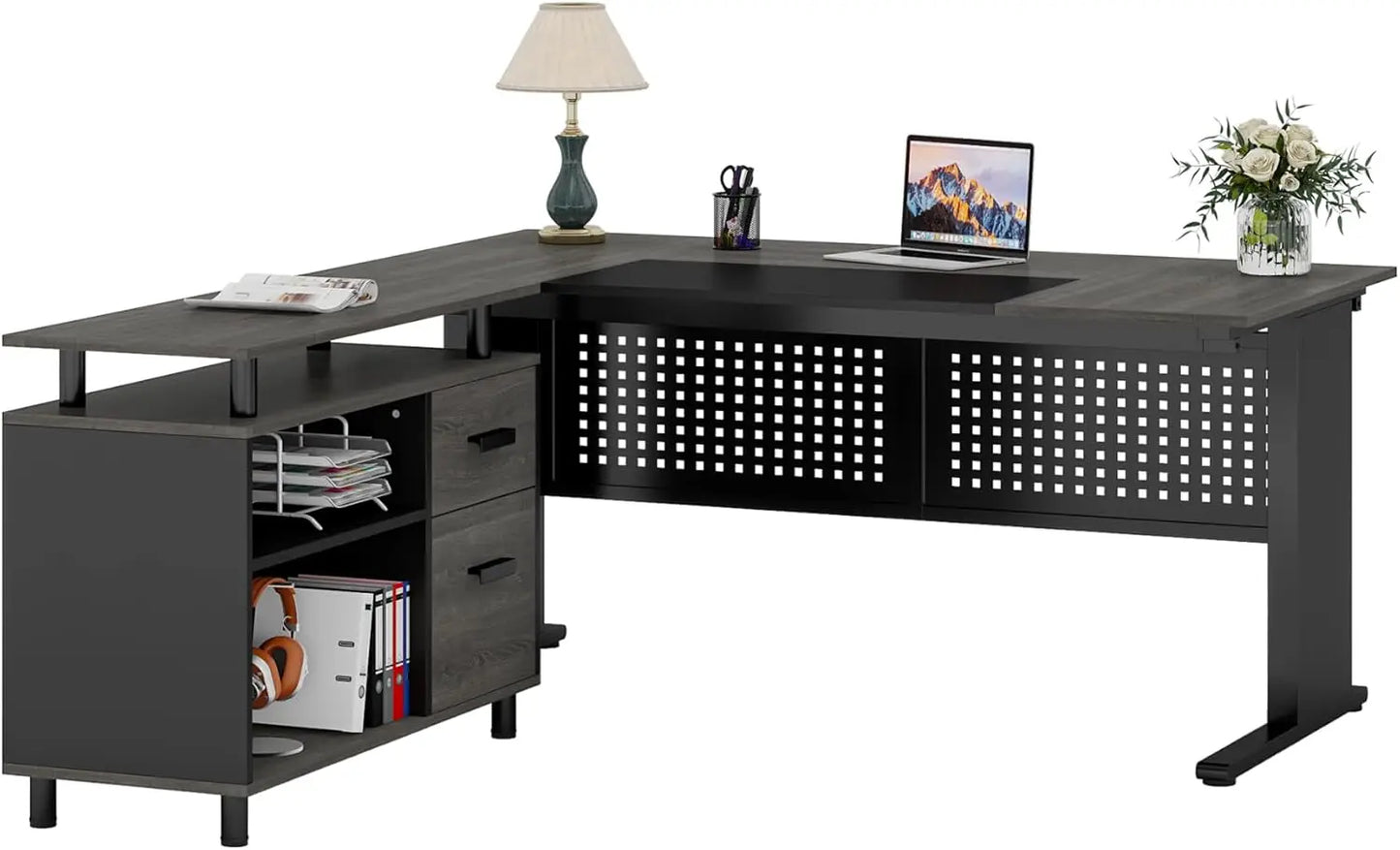 Large Computer Desk with File Cabinet, 63 Inch Executive Desk L Shaped Office Desk with Drawers and Storage Shelves