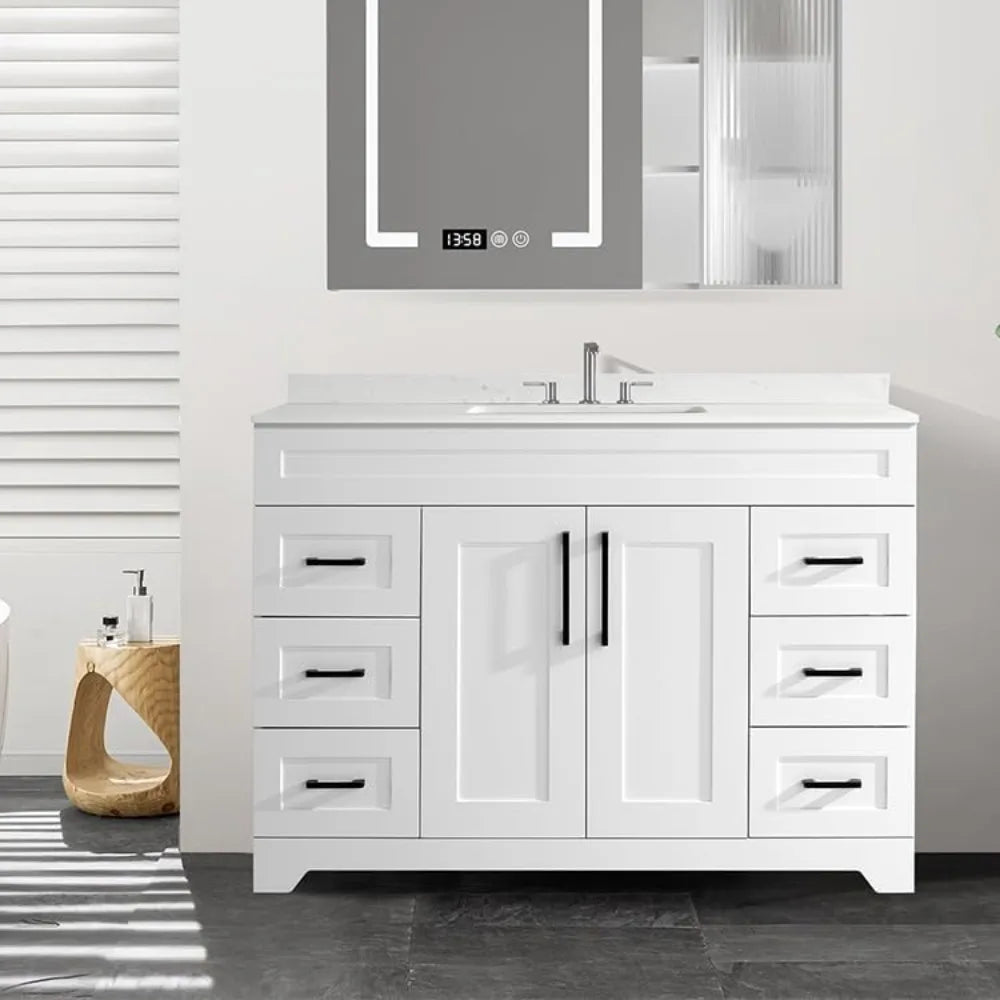 48” Bathroom Vanity with White Engineered Marble Stone Rectangular Sink, Modern Bathroom Cabinet with 2 Soft Closing Doors and