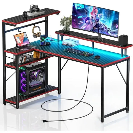 Seventable Gaming Desk with Power Outlet and LED Light, Reversible Small Desk with Monitor Stand,4 Tiers Shelves and Hooks,39" L