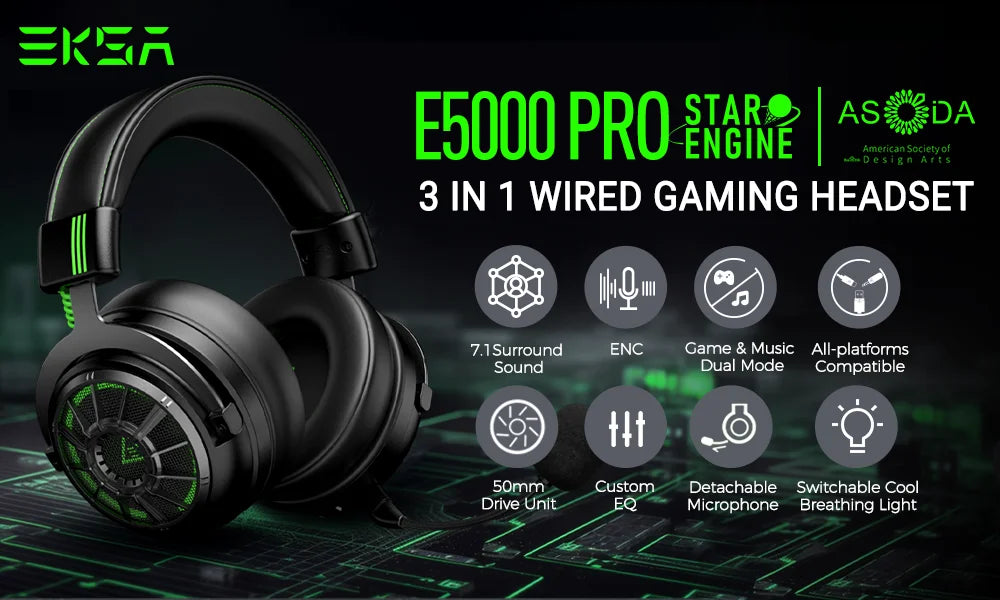 EKSA E5000 Pro Gaming Headphones for PC/PS4/Xbox/Switch, 7.1 Wired Headset Gamer with ENC Mic, USB/Type C/3.5mm Detachable Cable