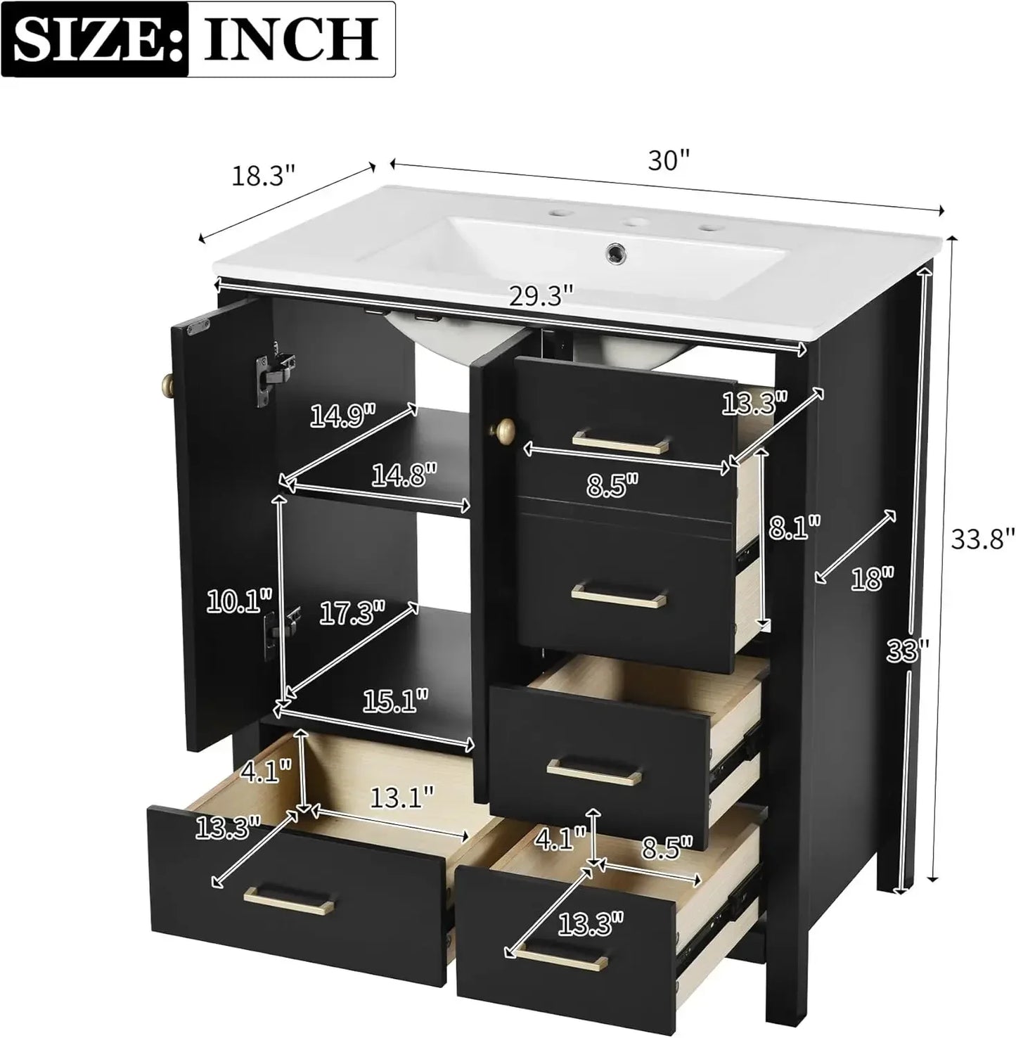 30" Bathroom Vanity with Sink,Modern Bathroom Sink Cabinet with 2 Doors & 4 Drawers,Freestanding Bathroom Storage Cabinet,Black