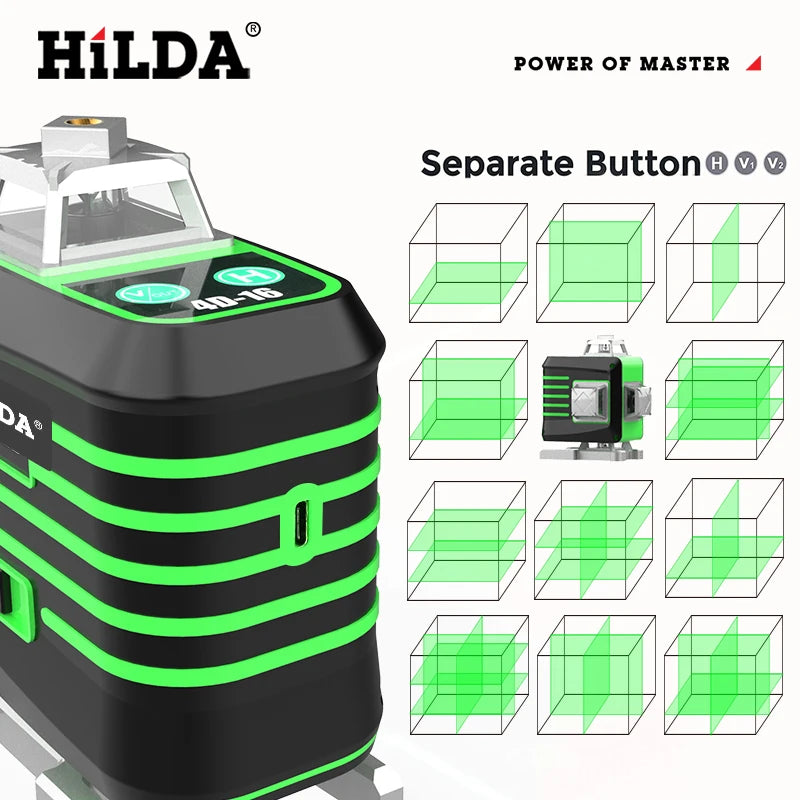 HILDA 16/12 Lines Laser Level Green Line SelfLeveling 360 Horizontal And Vertical Super Powerful Laser Level Green Beam